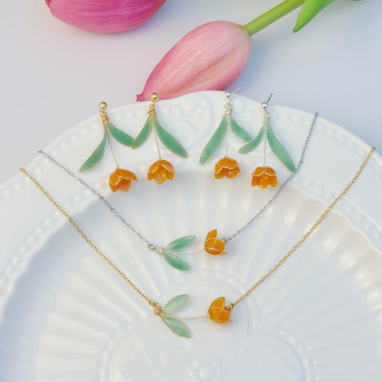 Yellow Gold Vermeil Resin Tulip Earrings, Mulicolour