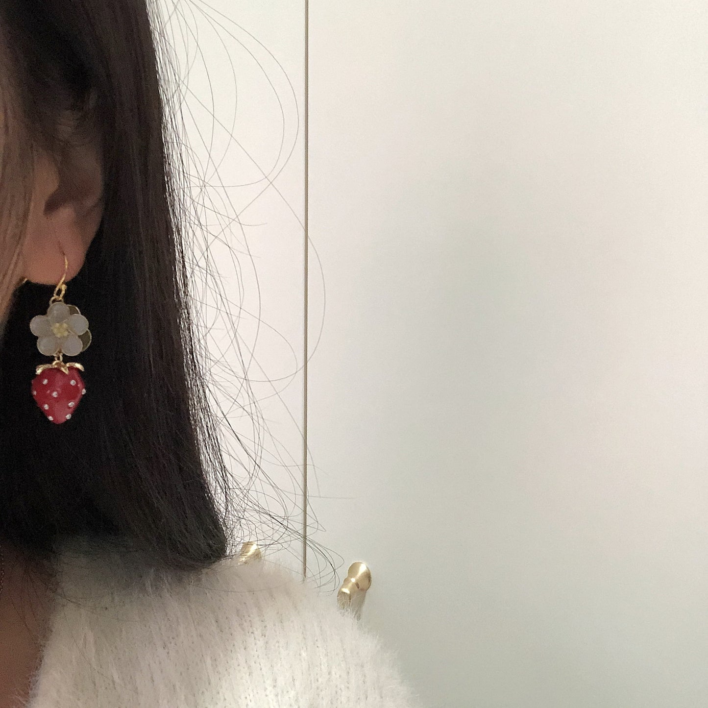 Resin Strawberry and Flower Earrings, Multicolour, Gold vermeil + 925 silver