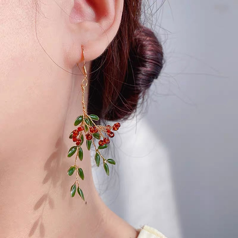Red and Green Christmas Tree Earrings, Wire Wrapped