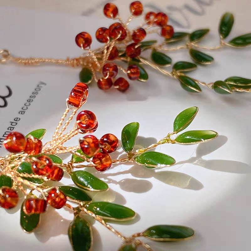 Red and Green Christmas Tree Earrings, Wire Wrapped
