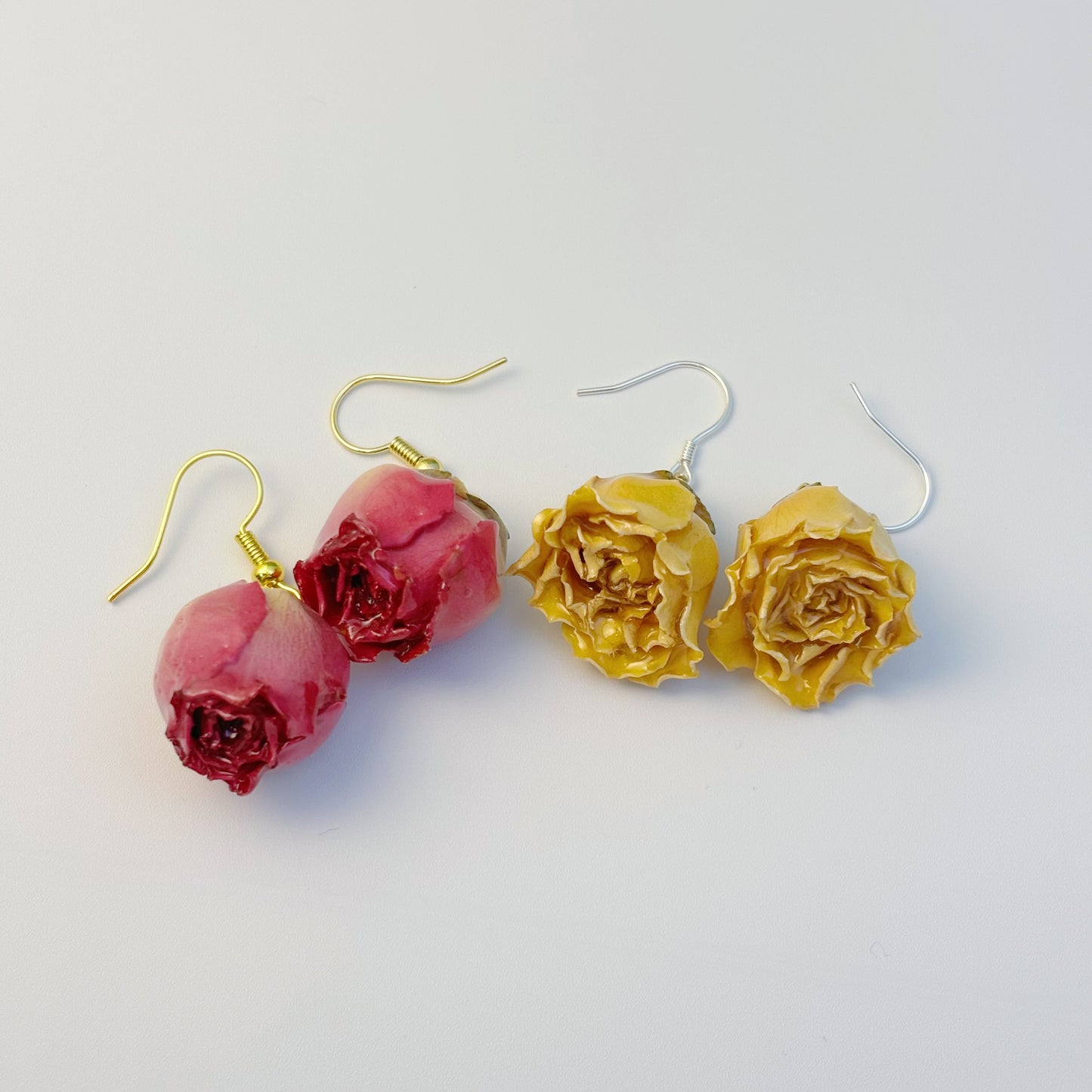 Real Rose Buds Earrings. Gold + Silver