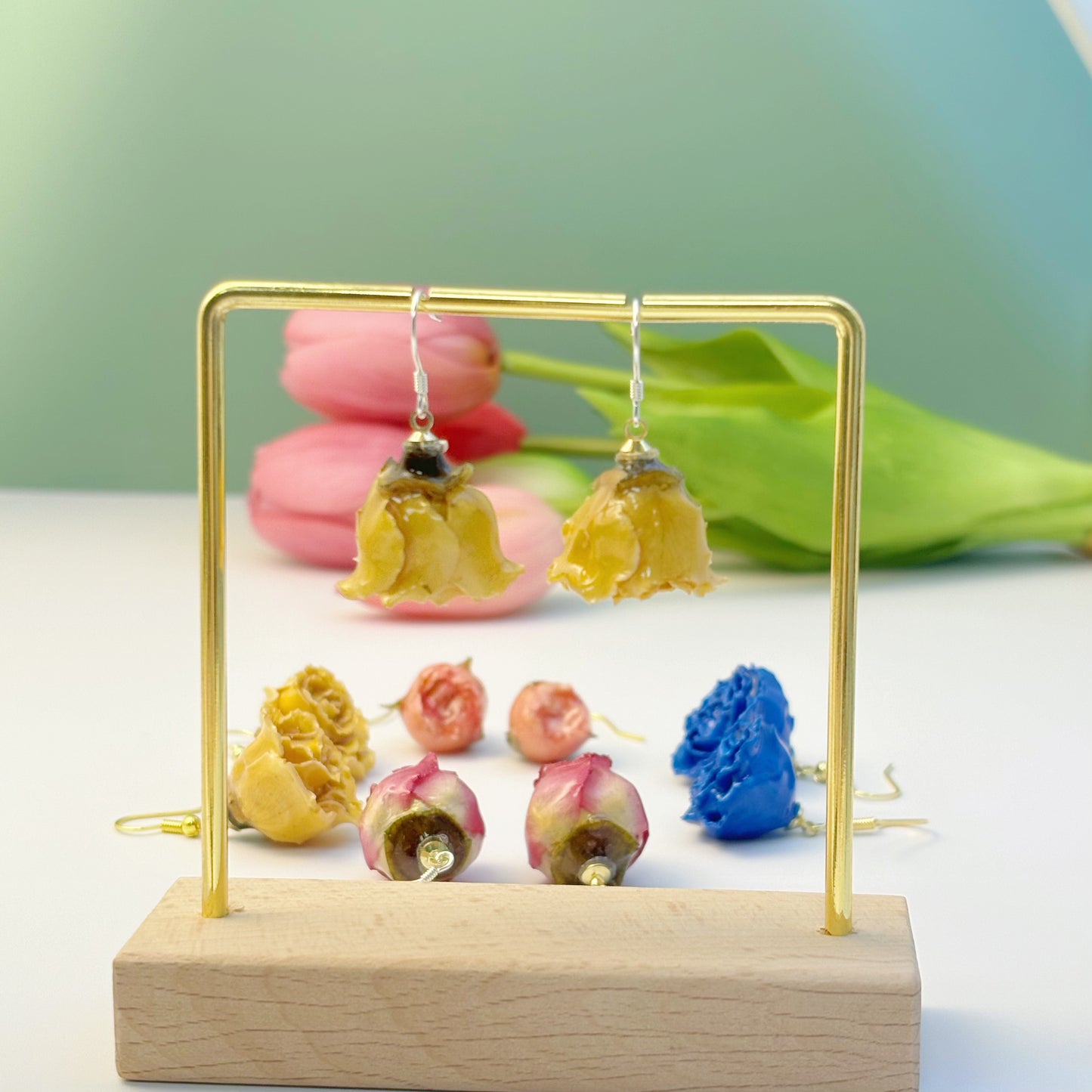 Real Rose Buds Earrings. Gold + Silver