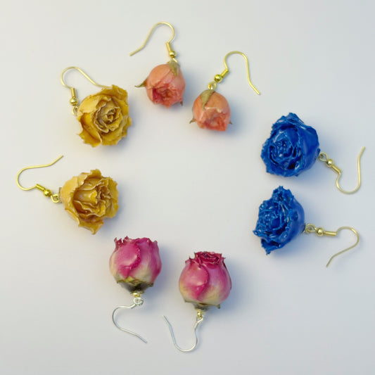 Real Rose Buds Earrings. Gold + Silver
