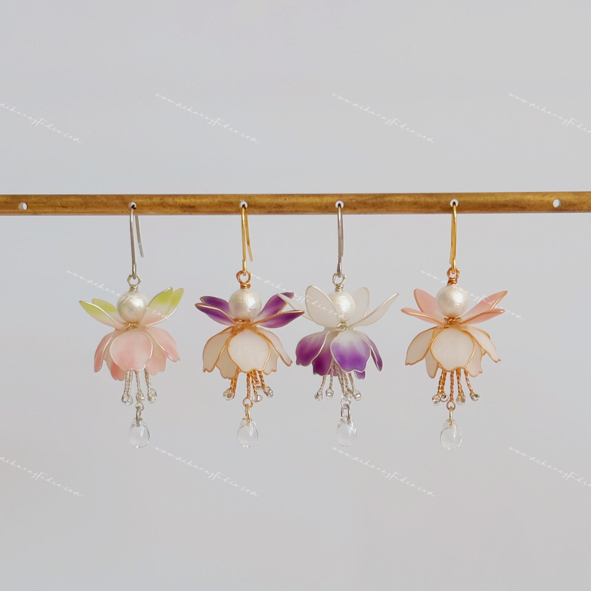 Fuchsia earrings in four colourways - pink, purple, green, and white, gold and silver hooks