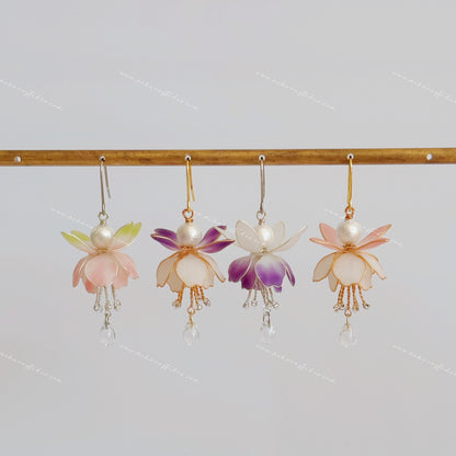 Fuchsia earrings in four colourways - pink, purple, green, and white, gold and silver hooks