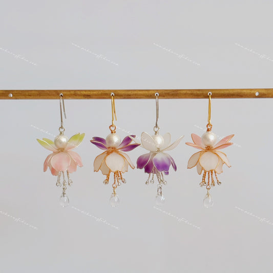 Fuchsia earrings in four colourways - pink, purple, green, and white, gold and silver hooks