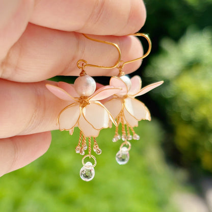 Fuchsia earrings in pink and white, gold vermeil hooks, close up