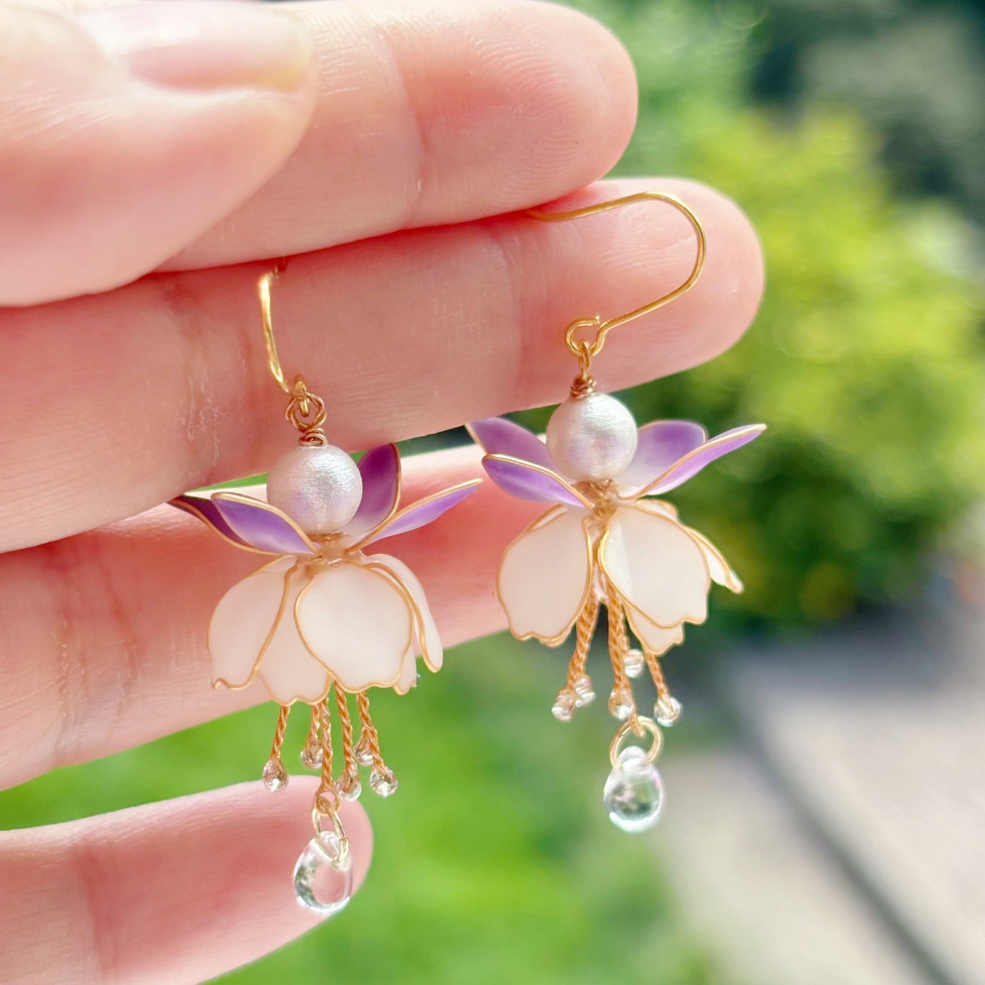 Fuchsia earrings in purple and white, gold vermeil hooks, close up
