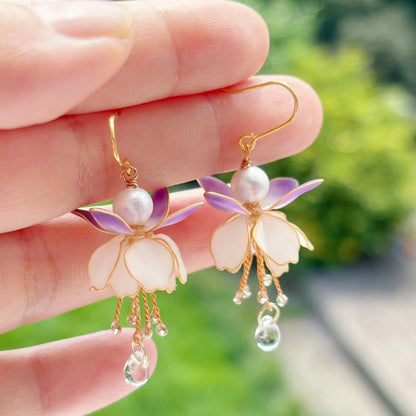 Fuchsia earrings in purple and white, gold vermeil hooks, close up