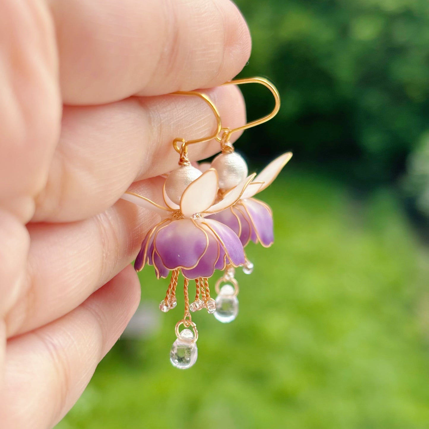 Fuchsia earring in purple, gold vermeil hook, detail view