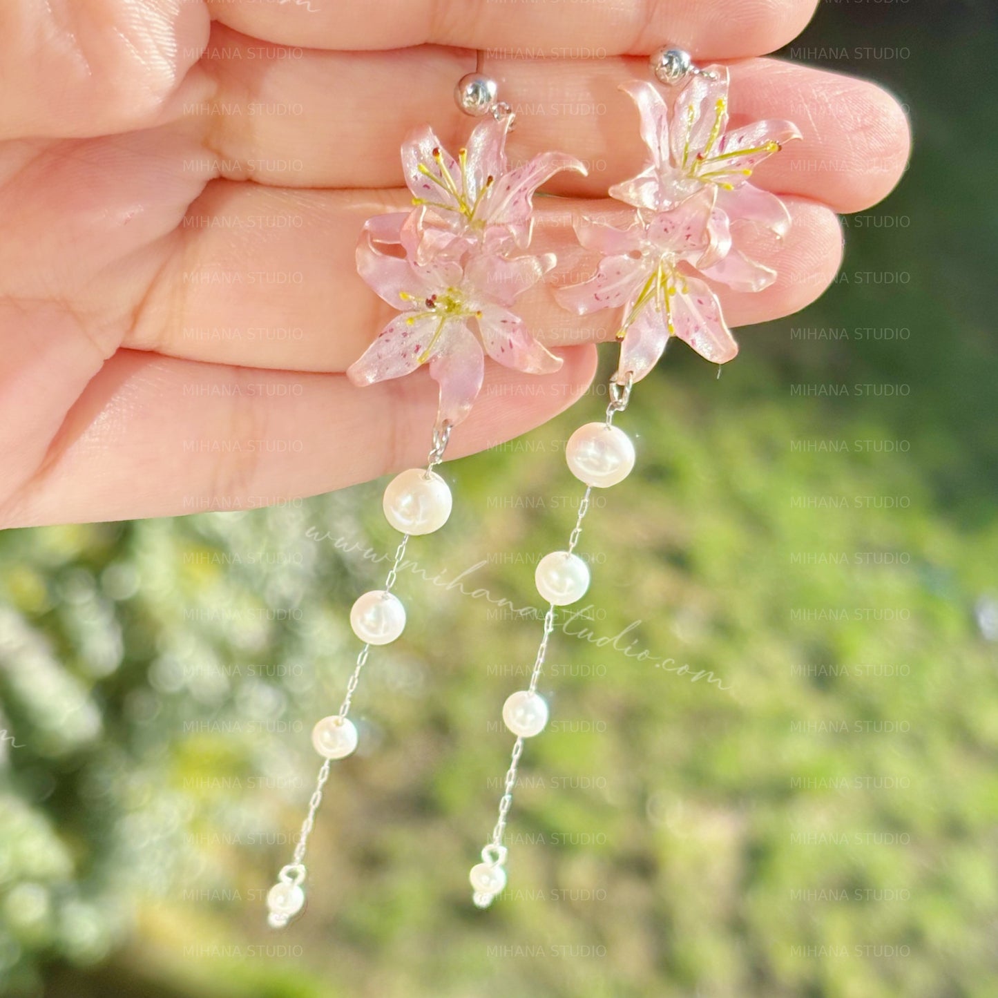 Lily Earrings, Handmade Resin Spring Flower, Sterling Silver