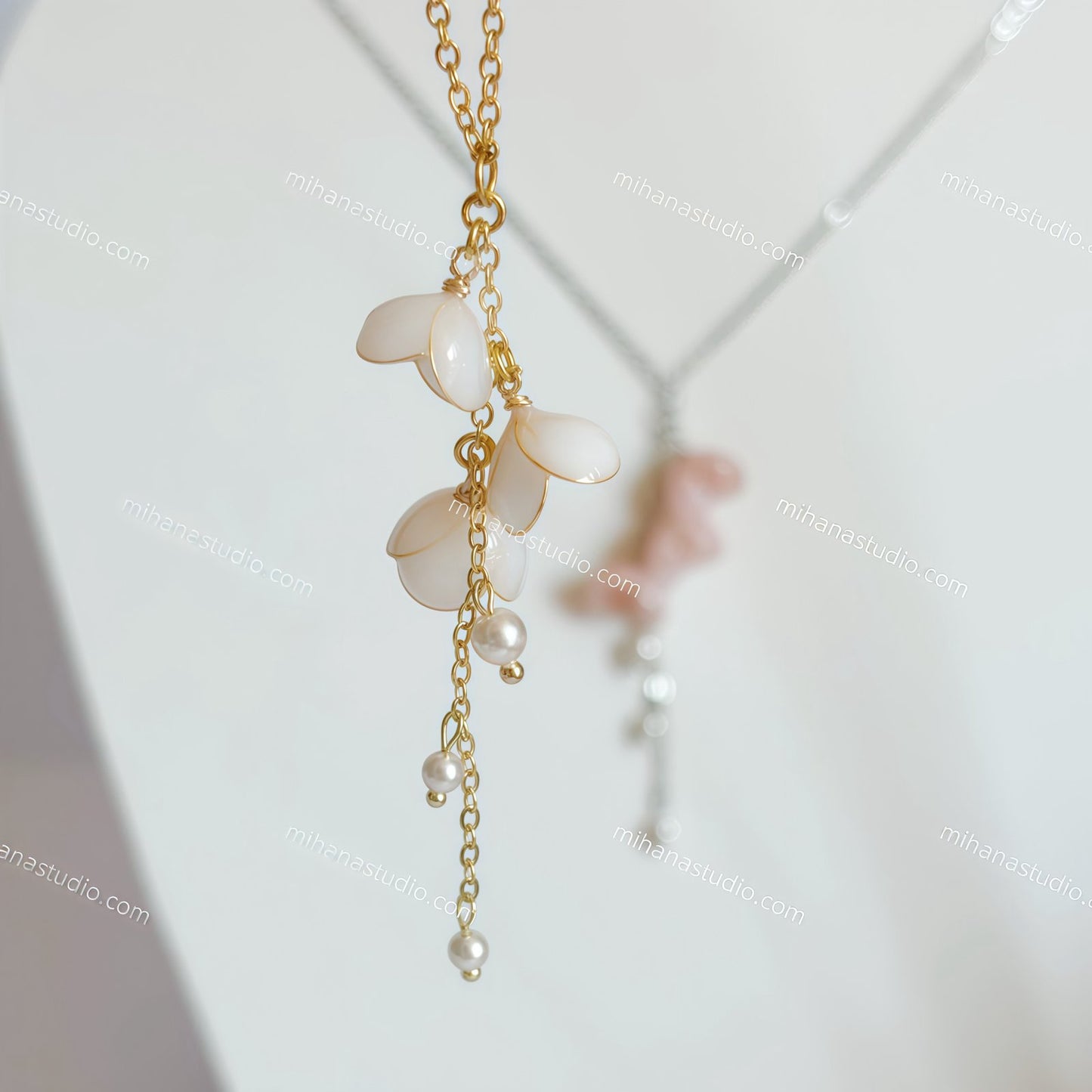 Lily of the Valley Necklace, Handmade Resin Flower & Pearl Pendant, May Birth Flower