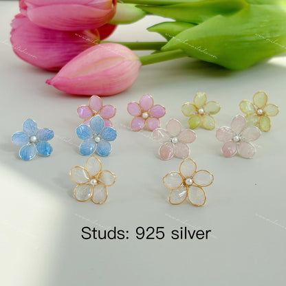 Real Hydrangea Studs, Multicolour, Gold vermeil + 925 silver