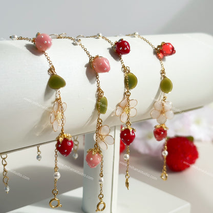 Resin Strawberry and Flower Bracelets, Multicolour, Gold vermeil
