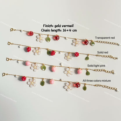 Resin Strawberry and Flower Bracelets, Multicolour, Gold vermeil