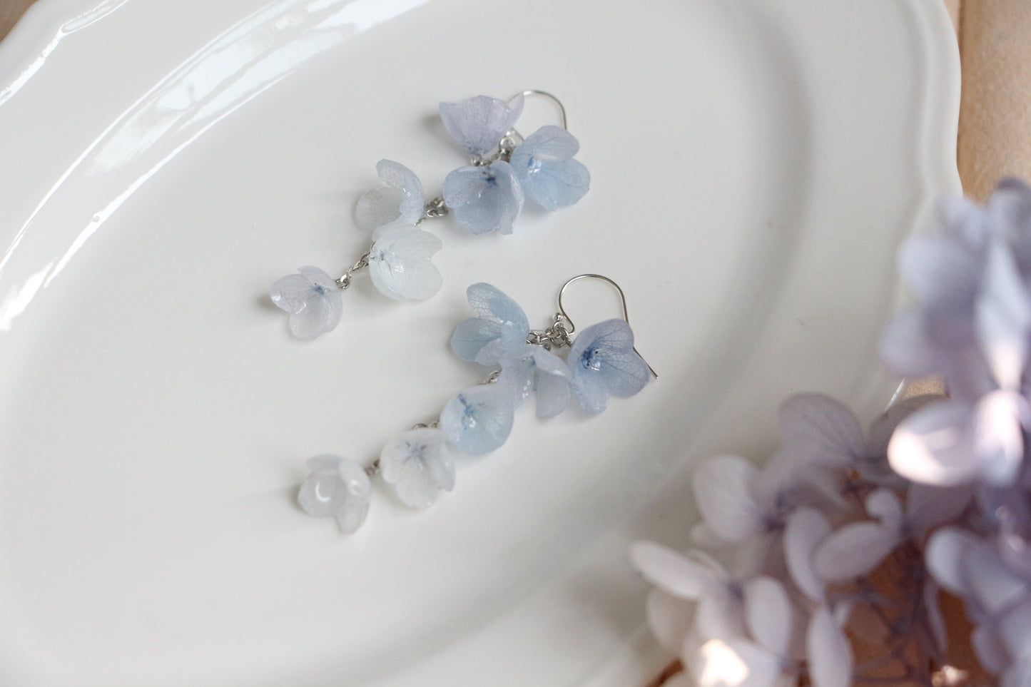 Real hydrangea gold and silver earrings dangle