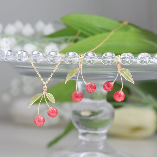 Cherry Earrings Dangle and Necklace set, Gold Vermeil + Silver