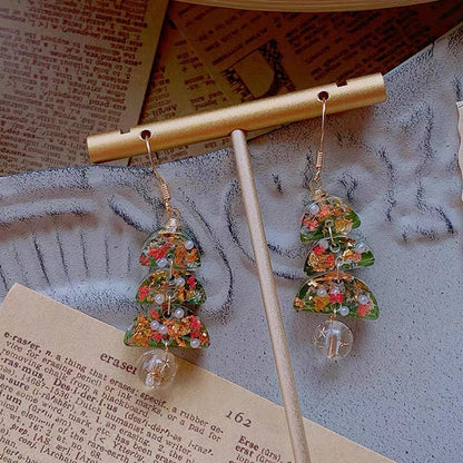 Real Flower Green Christmas Tree Earrings