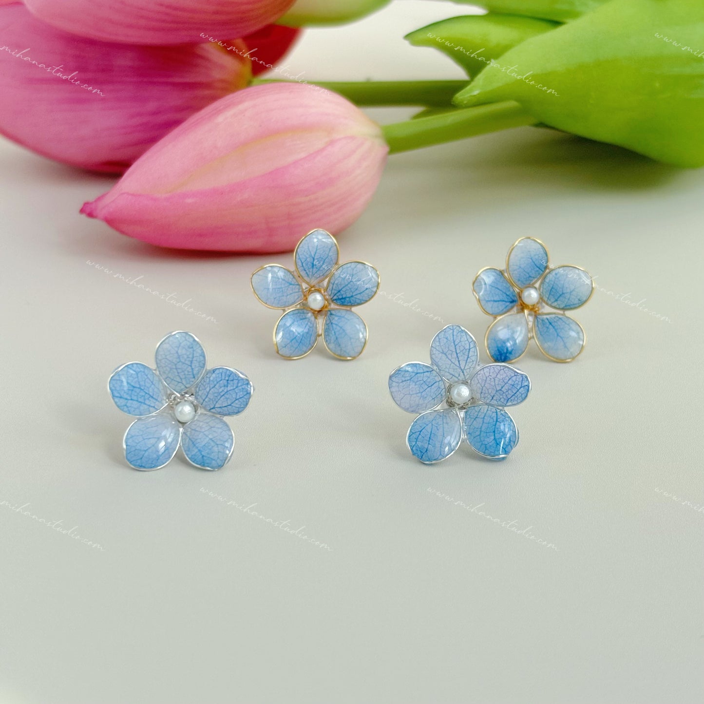 Real Hydrangea Studs, Multicolour, Gold vermeil + 925 silver