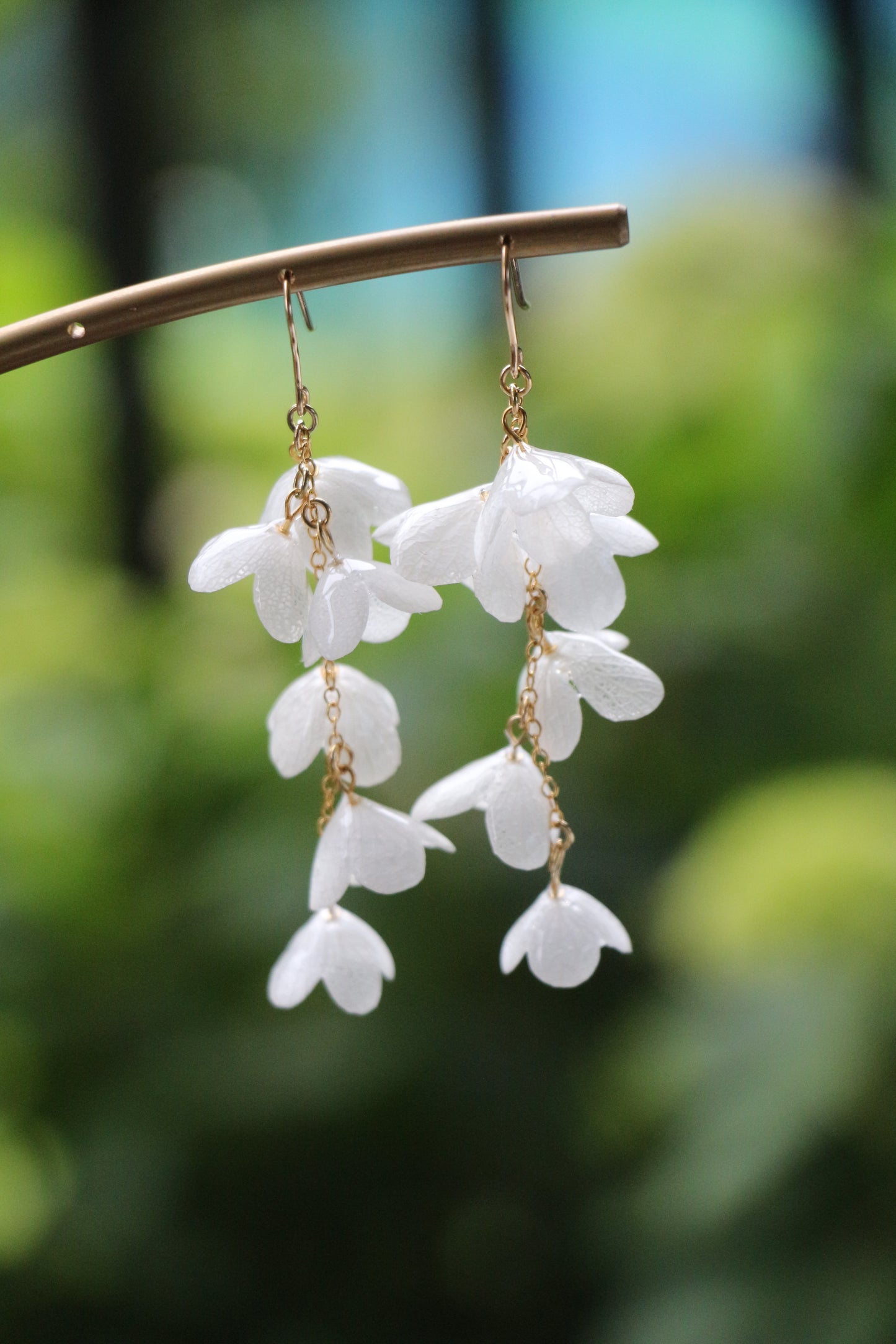 Real hydrangea gold and silver earrings dangle