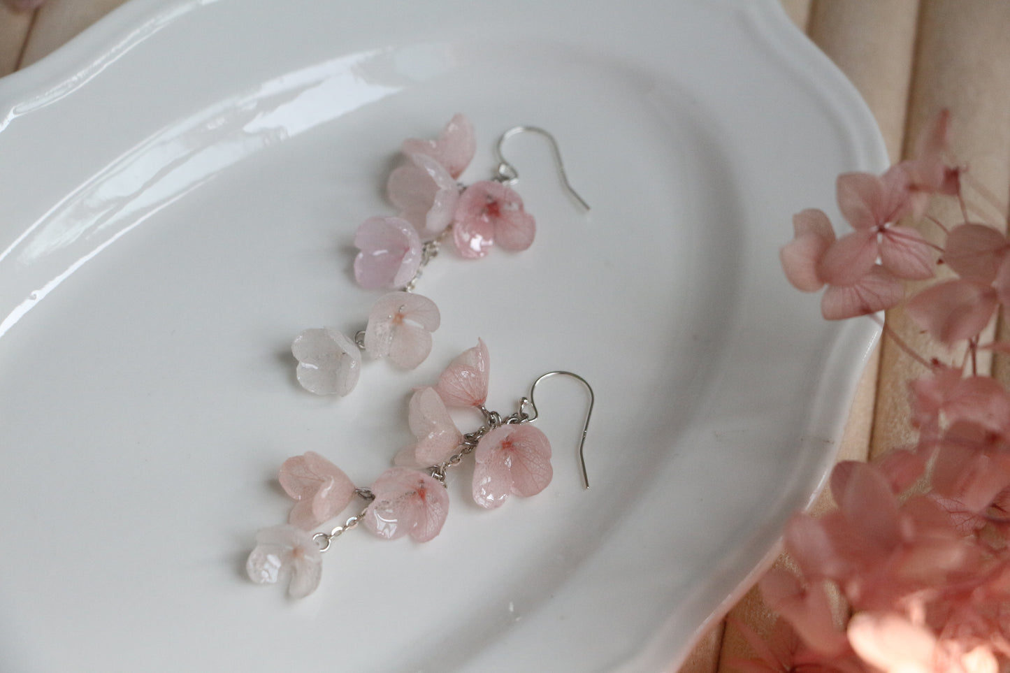Real hydrangea gold and silver earrings dangle