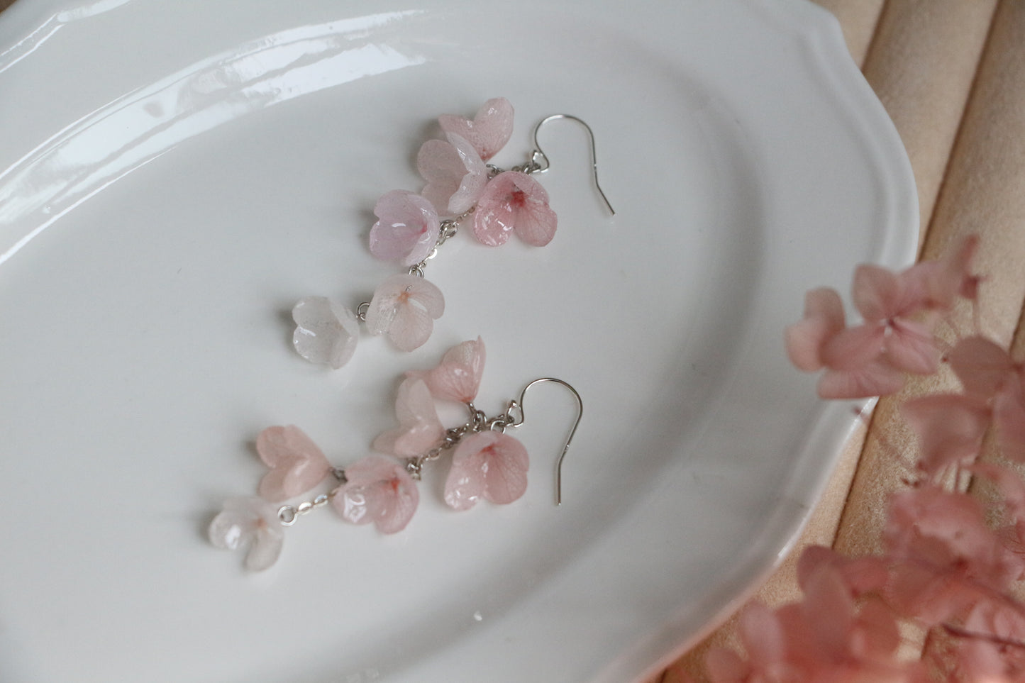 Real hydrangea gold and silver earrings dangle