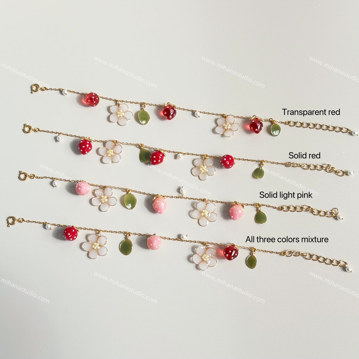 Resin Strawberry and Flower Bracelets, Multicolour, Gold vermeil