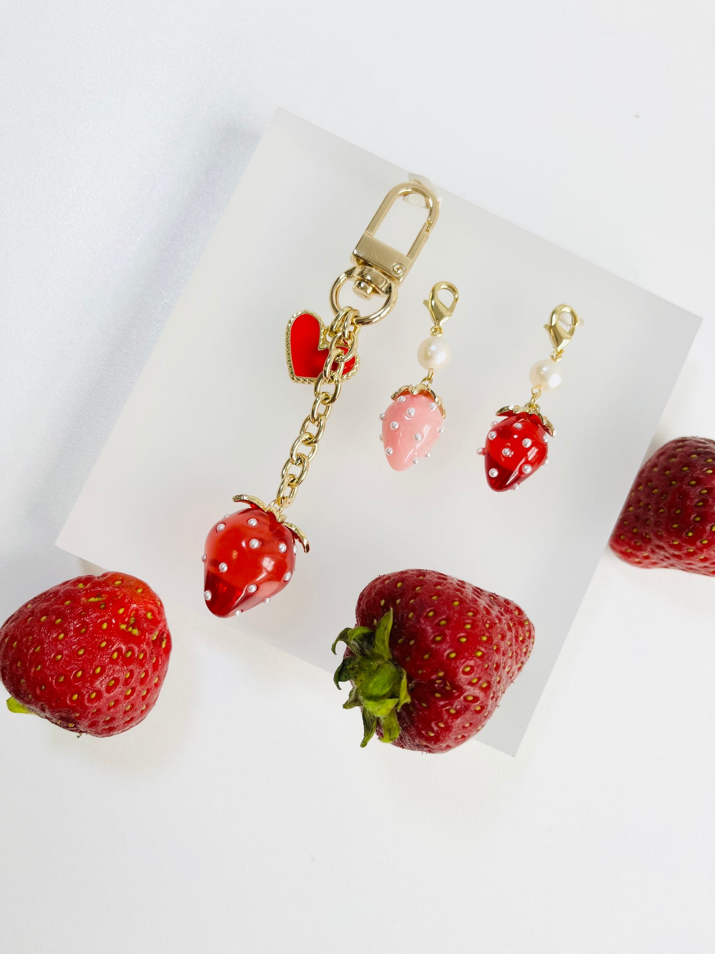 Gold Red Strawberry Bagcharms, Bead Jewelry