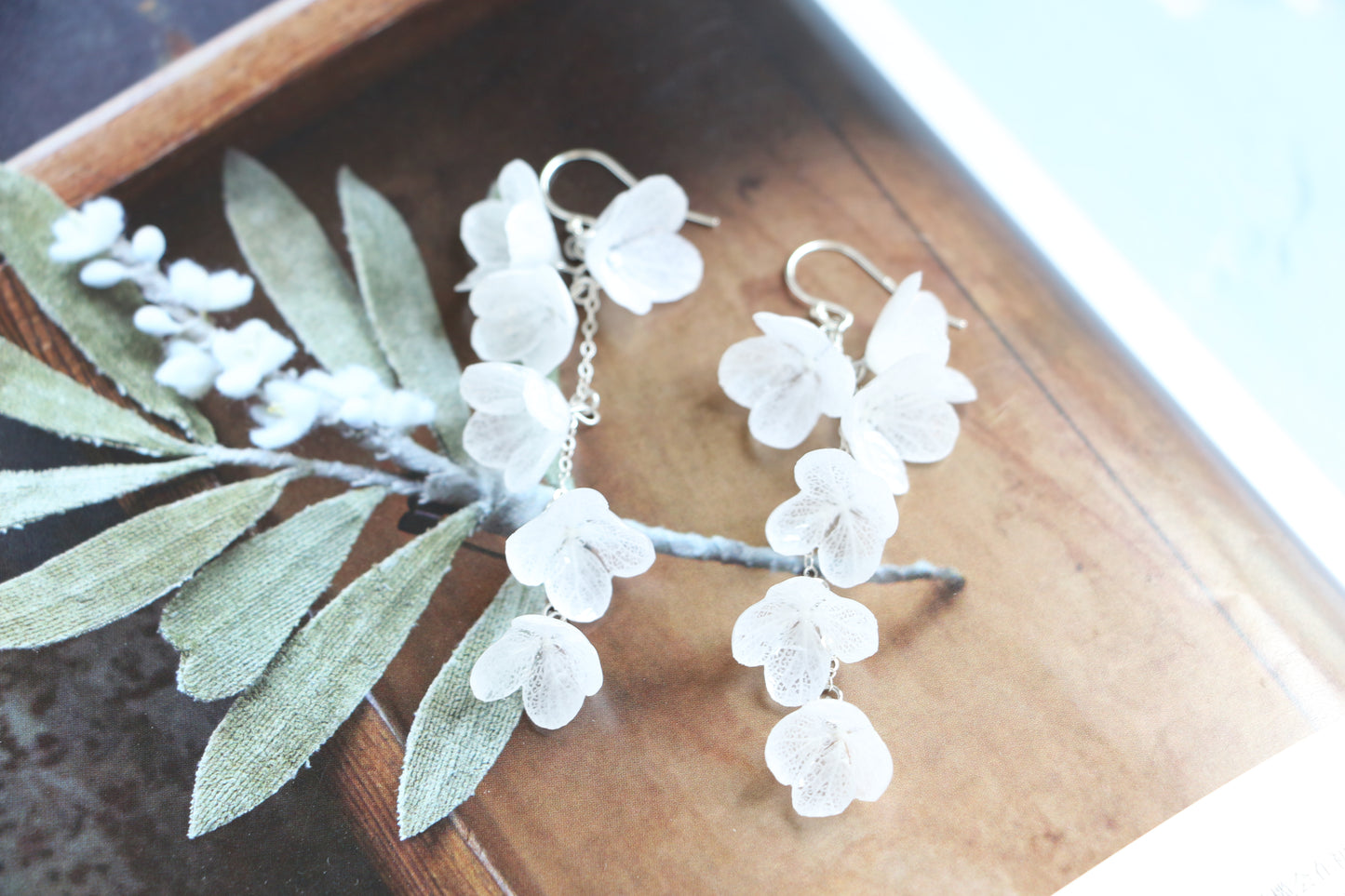Real hydrangea gold and silver earrings dangle