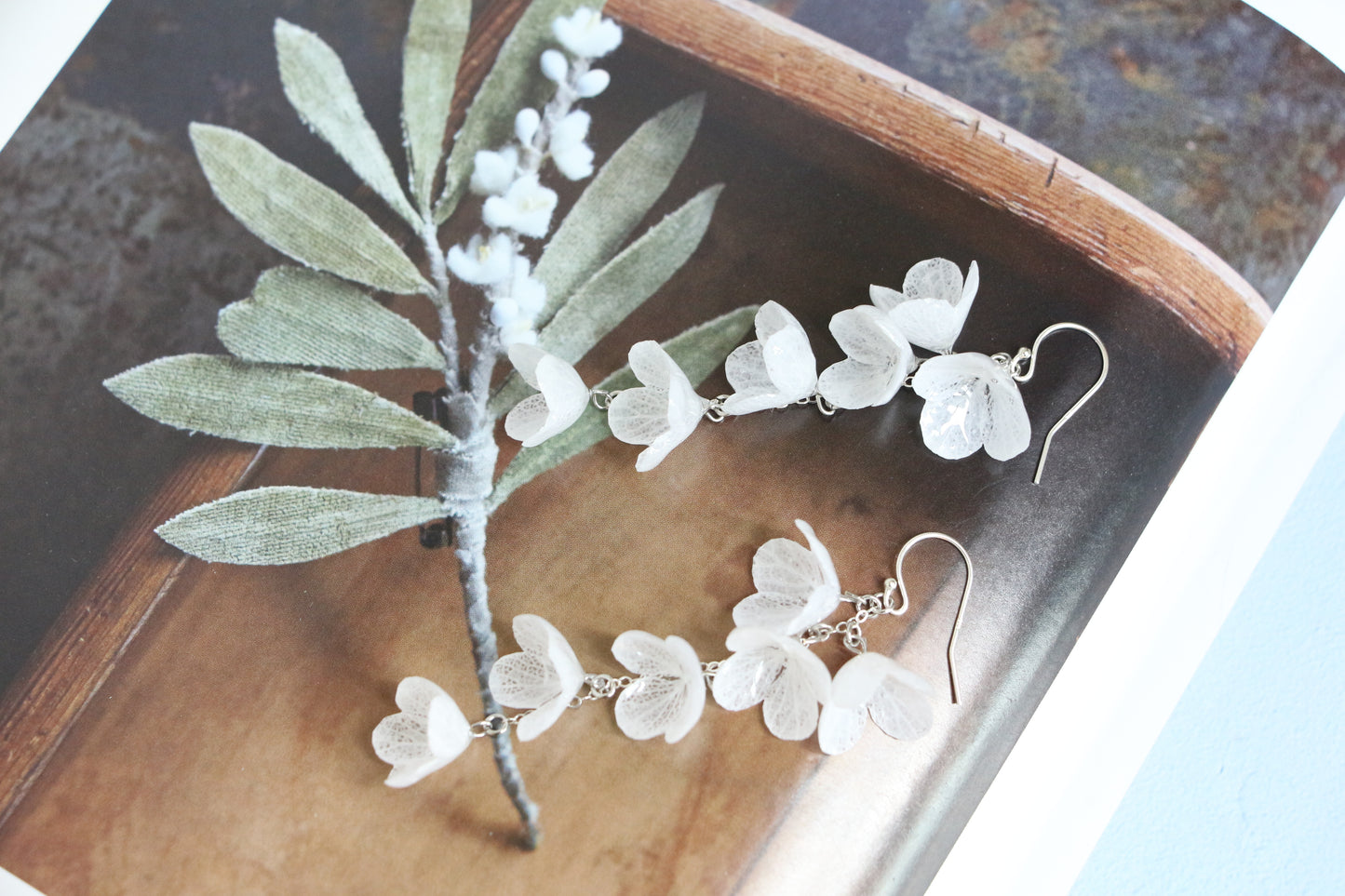 Real hydrangea gold and silver earrings dangle