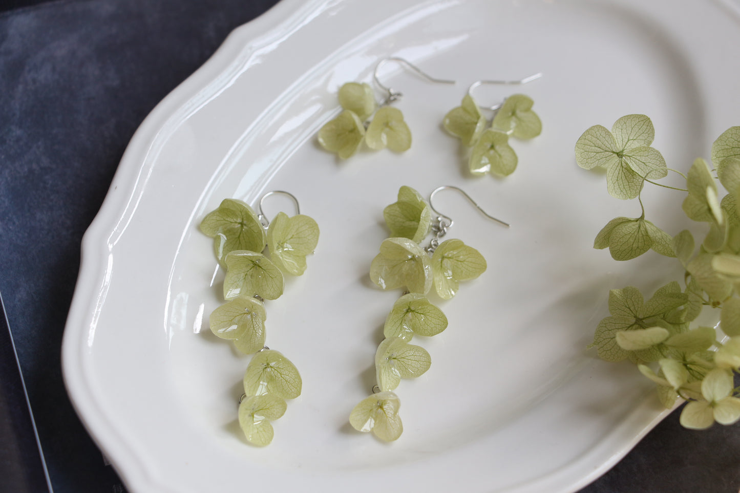 Real hydrangea gold and silver earrings dangle