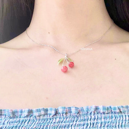 Asymmetrical Cherry with Blossom, Earrings + Necklace, Gold Vermeil + Silver