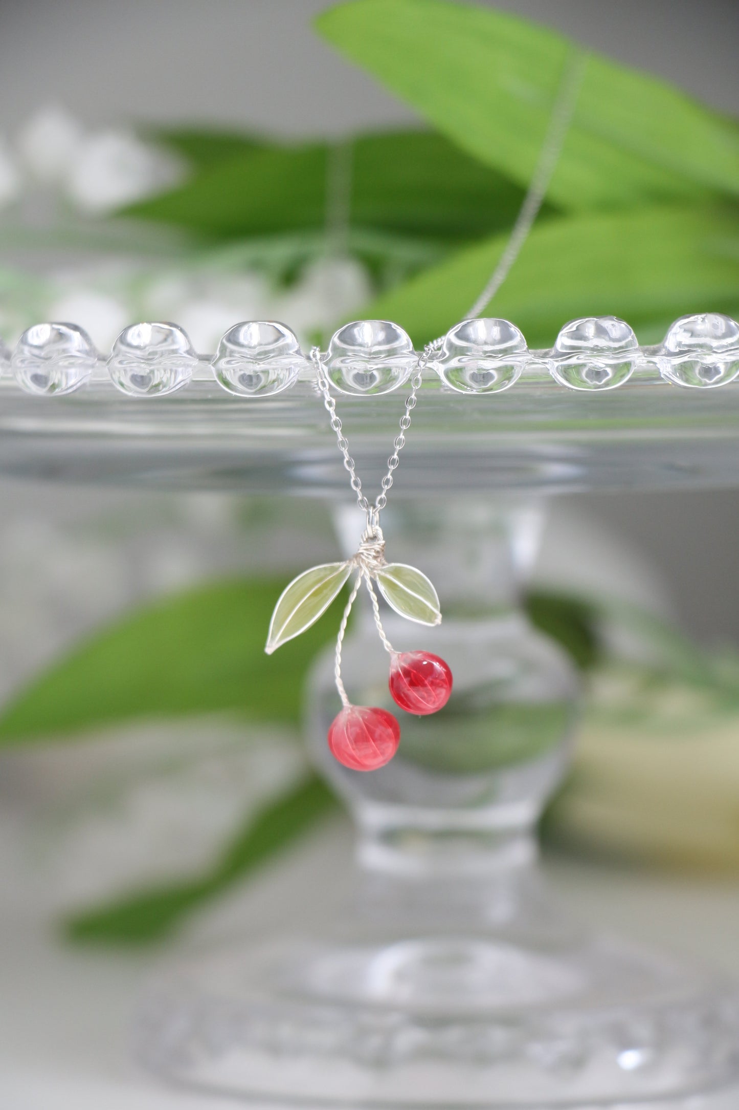 Asymmetrical Cherry with Blossom, Earrings + Necklace, Gold Vermeil + Silver