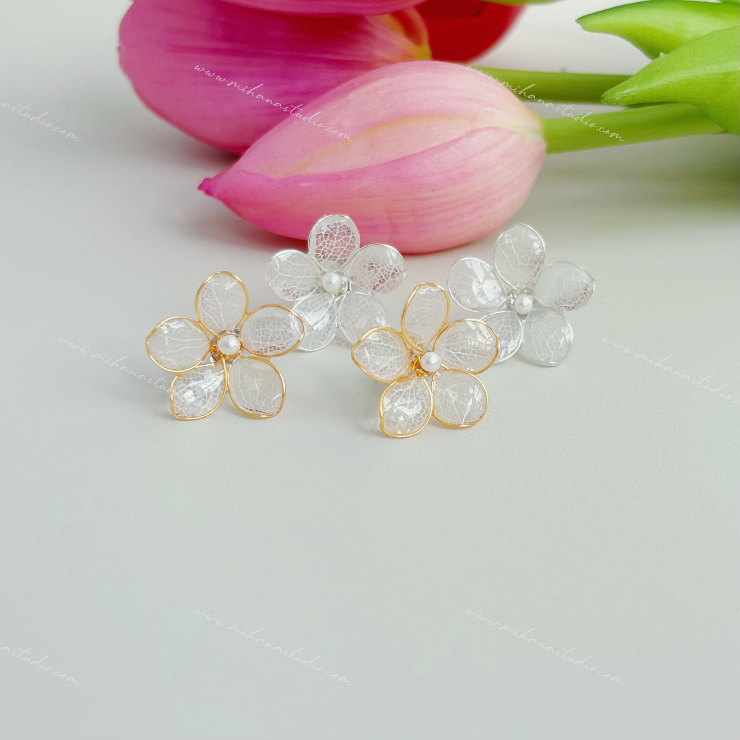 Real Hydrangea Studs, Multicolour, Gold vermeil + 925 silver