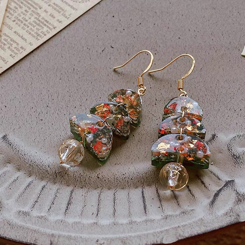 Real Flower Green Christmas Tree Earrings