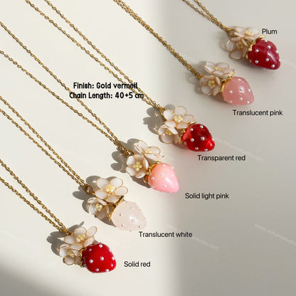 Resin Strawberry and Flower Necklace, Multicolour, Gold vermeil