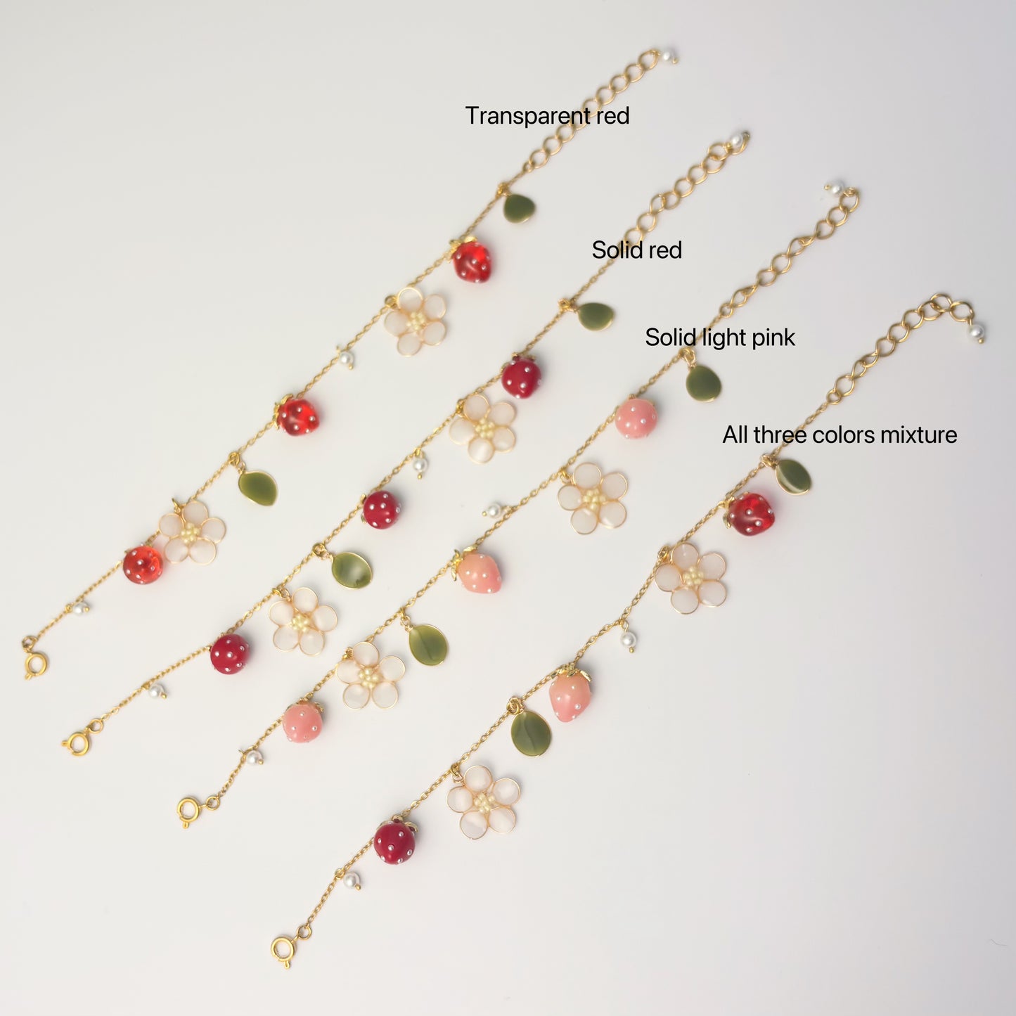 Resin Strawberry and Flower Bracelets, Multicolour, Gold vermeil