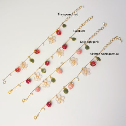 Resin Strawberry and Flower Bracelets, Multicolour, Gold vermeil