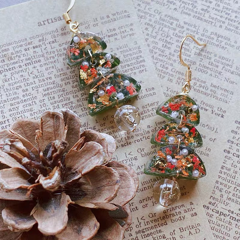 Real Flower Green Christmas Tree Earrings
