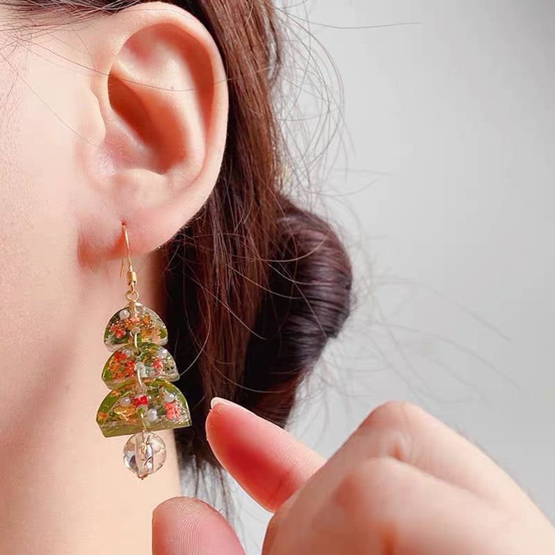 Real Flower Green Christmas Tree Earrings