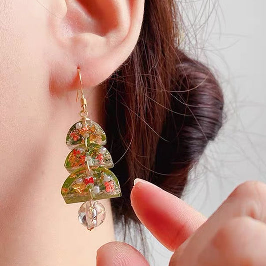Real Flower Green Christmas Tree Earrings, Gold Vermeil