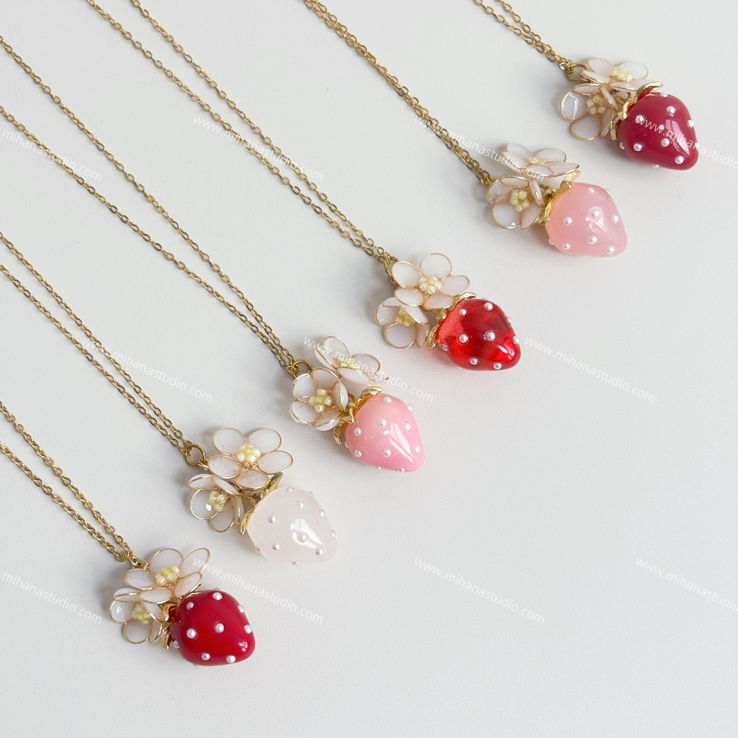 Resin Strawberry and Flower Necklace, Multicolour, Gold vermeil