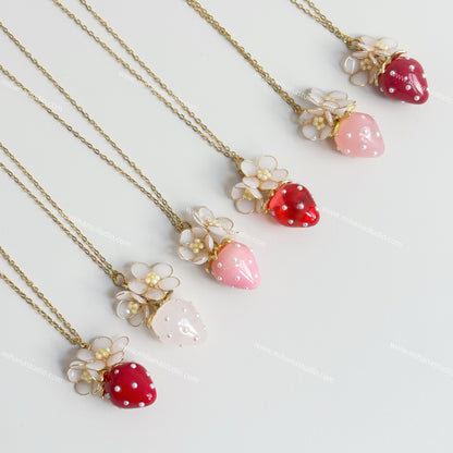 Resin Strawberry and Flower Necklace, Multicolour, Gold vermeil