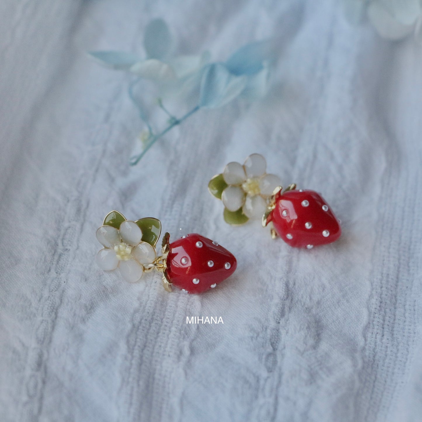 Resin Strawberry and Flower Earrings, Multicolour, Gold vermeil + 925 silver