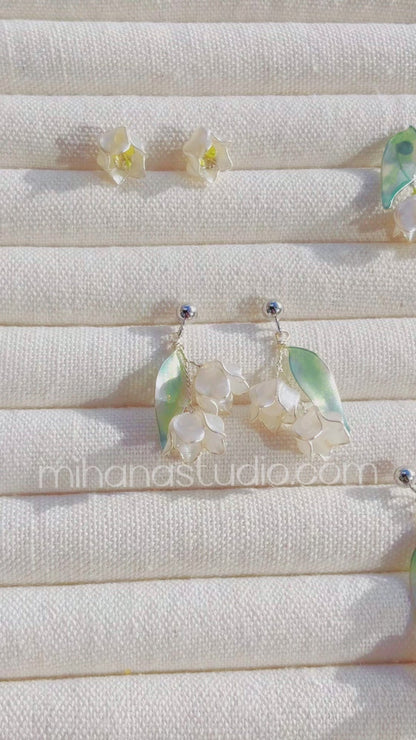 White Lily of Valley Earrings Studs, May Birth Flower, Sterling Silver