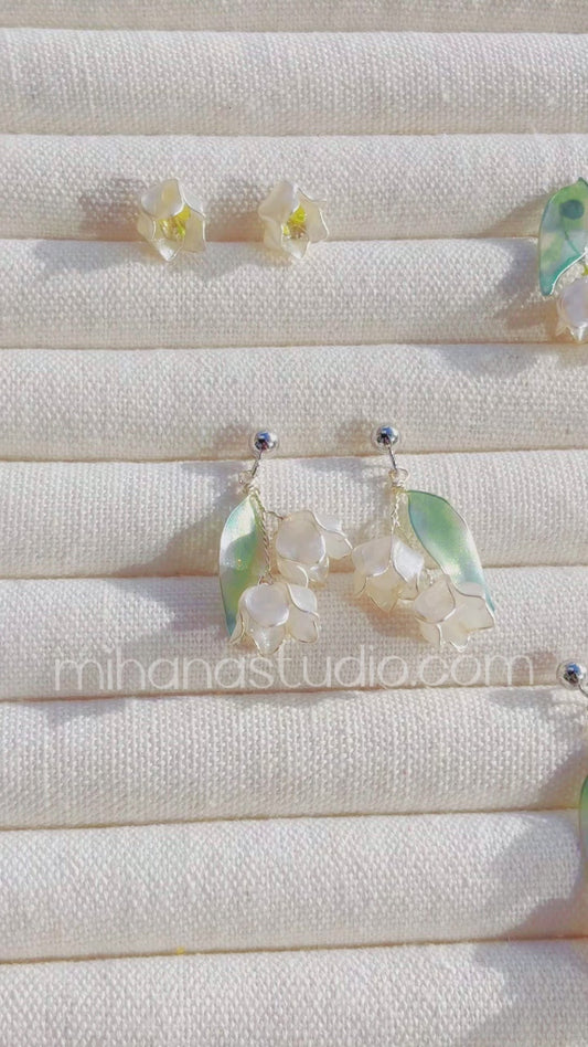 White Lily of Valley Earrings Studs, May Birth Flower, Sterling Silver