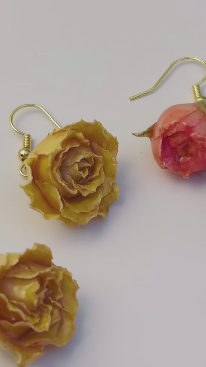 Real Rose Buds Earrings. Gold + Silver