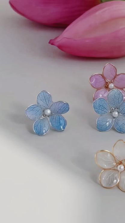 Real Hydrangea Studs, Multicolour, Gold vermeil + 925 silver