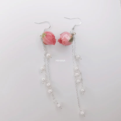 Real Rose Buds Earrings with Freshwater Pearls