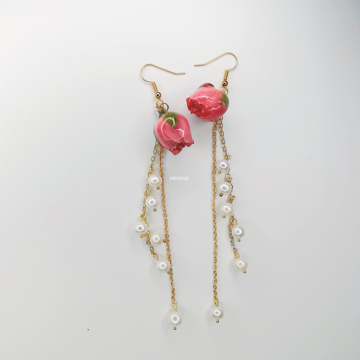 Real Rose Buds Earrings with Freshwater Pearls